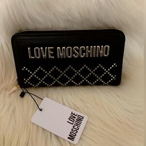 NWT LOVE MOSCHINO Portafogli Pu Nero Studded Zip Wallet